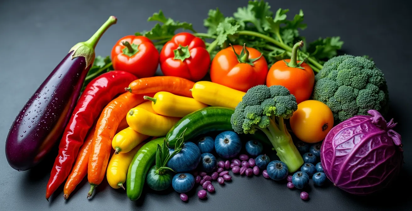Composizione artistica di verdure e frutta di diversi colori disposti in modo armonioso mostrando la varietà cromatica