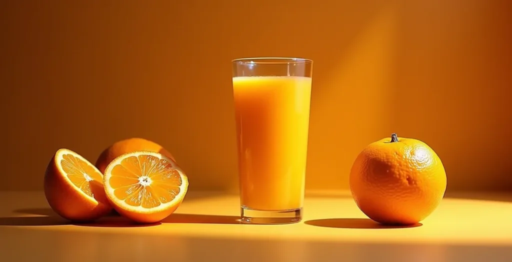 Arance intere fibrose accanto a un bicchiere di succo d'arancia liquido, a simboleggiare il diverso impatto metabolico. Arance intere fibrose accanto a un bicchiere di succo d'arancia liquido, a simboleggiare il diverso impatto metabolico.