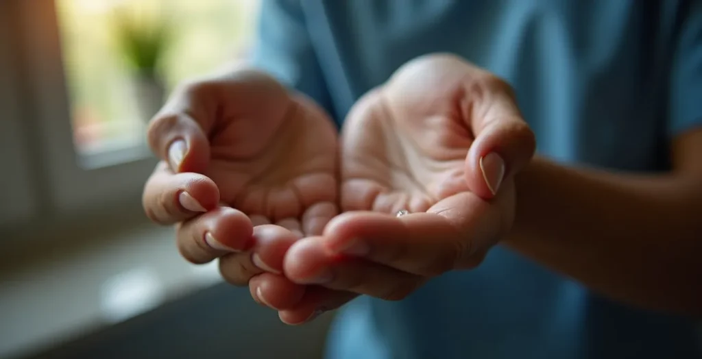 Primo piano di mani con leggero tremore e gocce di sudore, a rappresentare i sintomi dell'ipoglicemia reattiva. Primo piano di mani con leggero tremore e gocce di sudore, a rappresentare i sintomi dell'ipoglicemia reattiva.